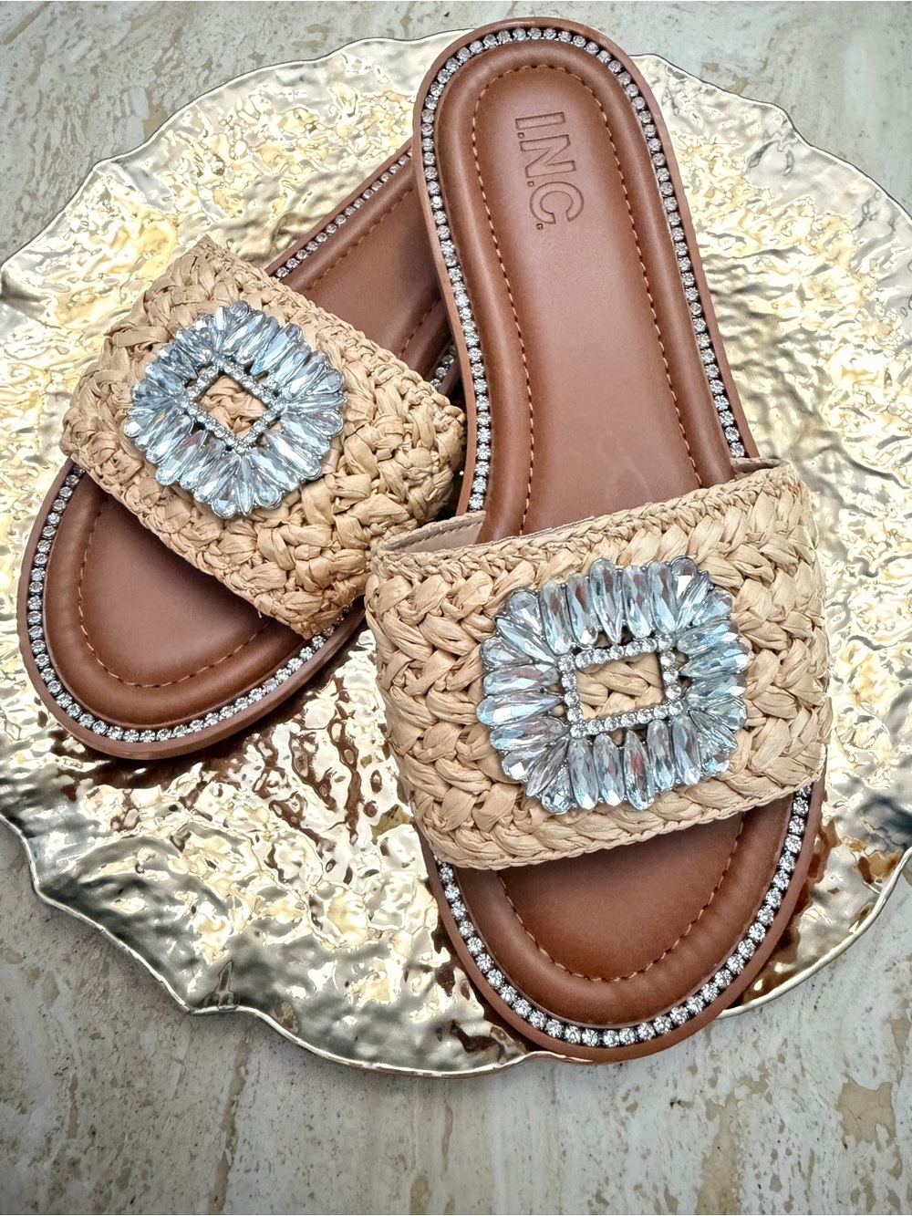 INC International Concepts Natural Raffia Slide Sandals with Crystal Buckle